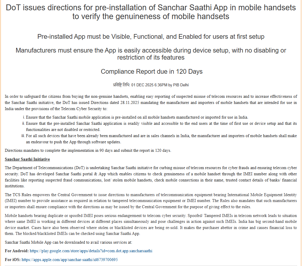 ANI's tweet image. DoT issues directions for the pre-installation of the Sanchar Saathi App on mobile handsets to verify their genuineness. The pre-installed App must be Visible, Functional, and enabled for users during the first setup. Manufacturers must ensure the App is easily accessible during…
