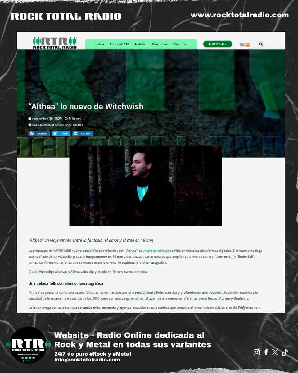 🎥 WITCHWISH lanza “Althea”, balada folk alternativa + videoclip en 16 mm, junto a dos instrumentales: Lumenveil y Emberfall.

Un viaje íntimo entre fantasía, mito y emoción.

🔗 rocktotalradio.com/witchwish-alth…

#Witchwish #Althea #NewMusic #FolkAlternativo #IndieMusic #RockTotalRadio