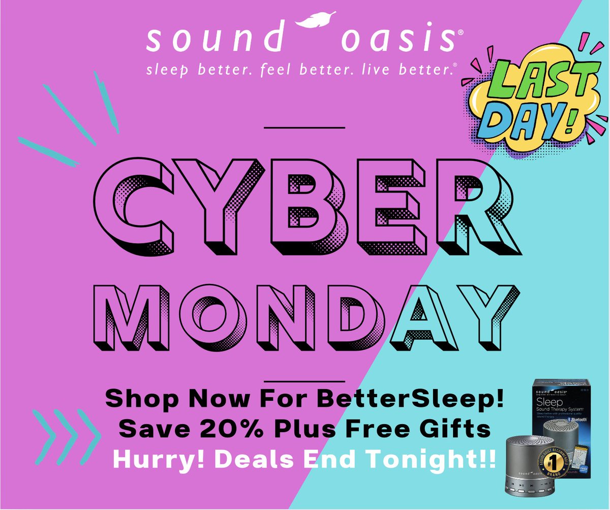 Sound_Oasis's tweet photo. Cyber Monday Deals End Tonight @ Midnight! Shop Now for Better Sleep and Tinnitus Relief! Save 20% + Free Gifts! Not valid with other discounts or on prior purchases.
https://t.co/3lYt6bVX9o
#CyberMonday #SoundOasis #SleepSoundTherapy #BetterSleep #TinnitusRelief https://t.co/M8oflX7hwH