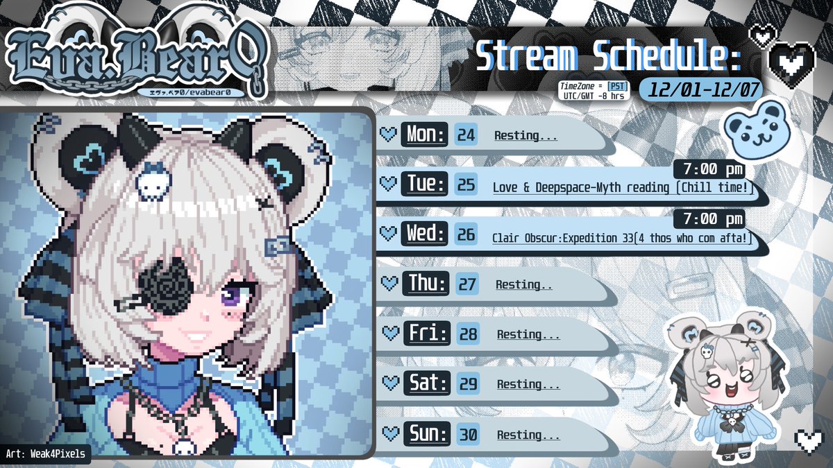 ᰔ ฅ՞•ﻌ•՞ฅ  Hey itz Schedule time!

Heads up, I am a little loopy kinda sick! (just a tiny cold)🥴✨
So~ gonna be a bit chill this week w/ a Love &amp; Deepspace new Sylus Myth reading! (maybe sum horror too?) +  moar Expedition 33 this week!

anywho stay cute 
~luv da bear 🩵