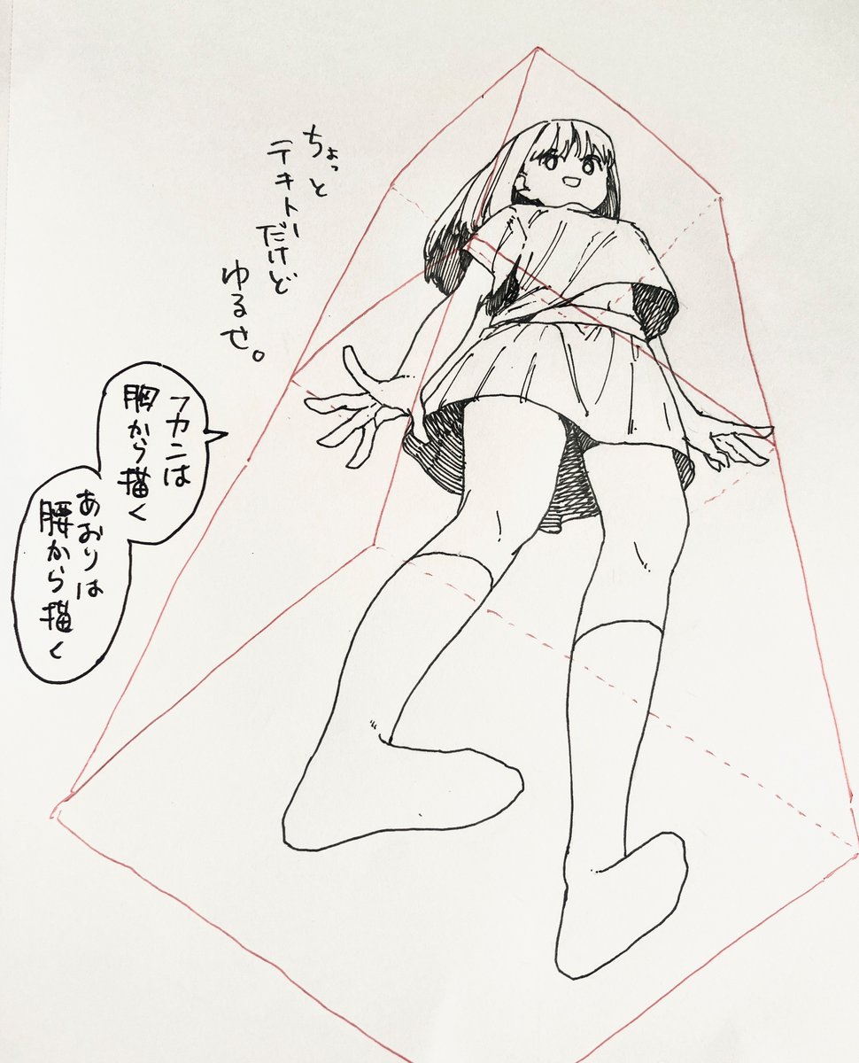 hatsudayoooo's tweet image. 漫画家志望フレンズへ
最近、アオリとフカンを描くのに勉強した事は
「全体を箱に入れて、箱ごとパースをかける」です。
人間の比率をそのままパースをかけて、胸の位置、腰の位置、膝の位置、と圧縮したり伸ばしたりしてます。
#日々描く