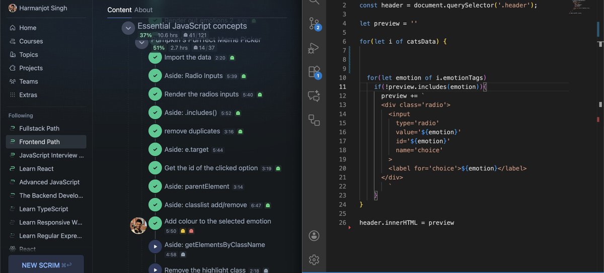 codeharmann's tweet image. Day 142 of Coding

Completed 51% of the Essential JavaScript Concepts of the frontend path from @scrimba

Learned parentElement, includes(), e dot target, for ... of.. loop, import &amp;amp; export

and practiced on the VS code to make sure I learn the concepts by doing…