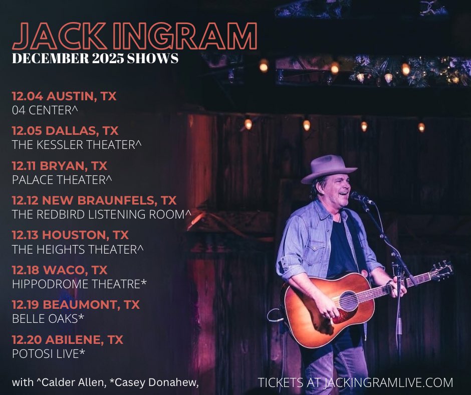 JackIngram's tweet image. No better way to end 2025 than full of acoustic shows! 🕺 Calder Allen will be at some of them, and @caseydband will be at some of the others. Tickets: jackingramlive.com