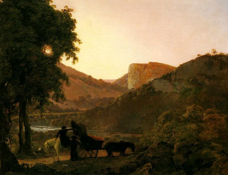 JosephWrightArt's tweet image. Landscape with Figures and a Tilted Cart, Matlock Hogh Tor in the Distance #artbots #wright
