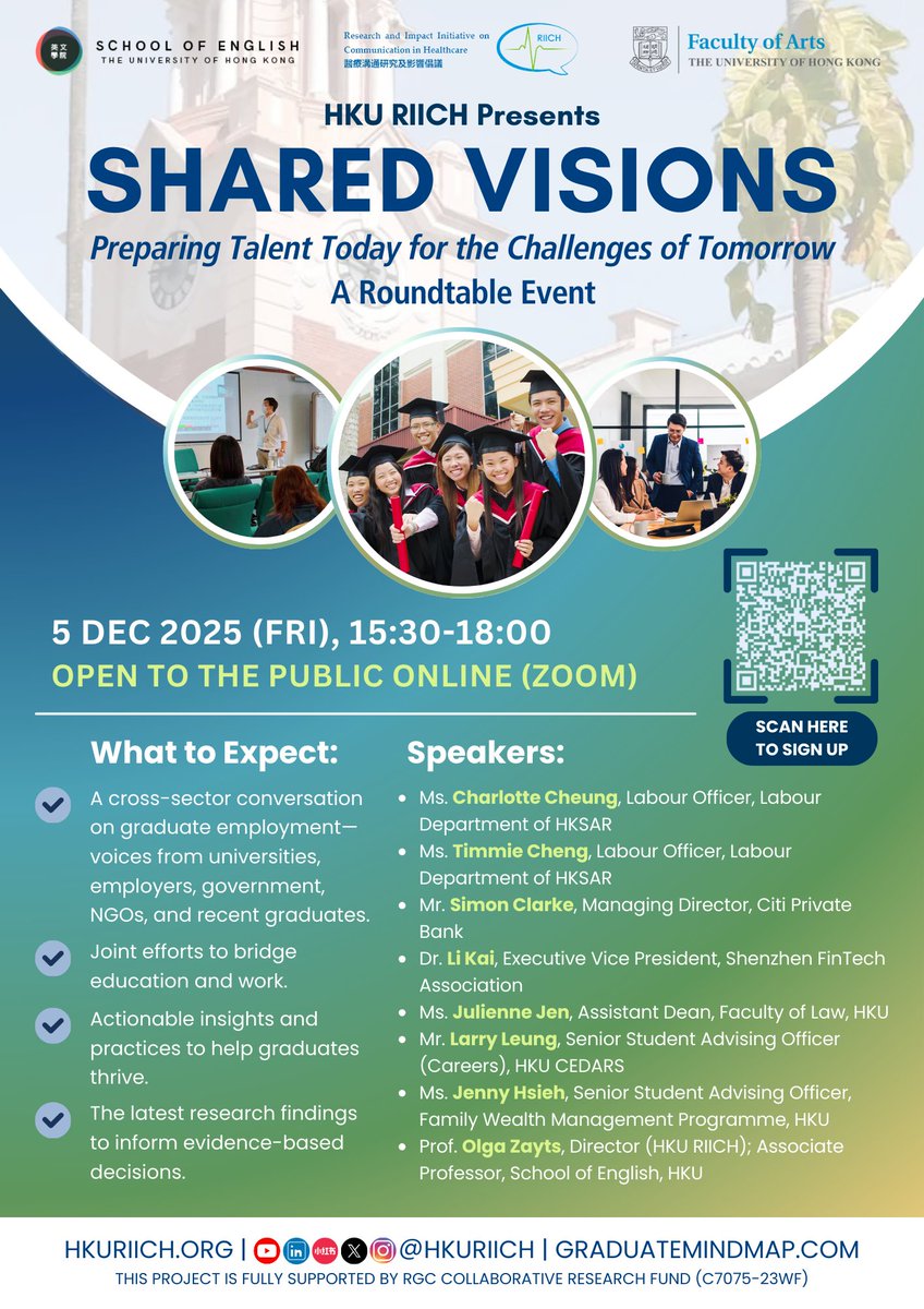 📢 Last call! HKURIICH Roundtable this Friday, 5 Dec, 15:30–18:00 HKT.
Join us online via Zoom for a cross-sector chat with gov, employers, NGOs, uni, &amp; grads.
🔗 Register: scan QR or click forms.office.com/r/NRq7m27Hxq
Don’t miss out! 🤩