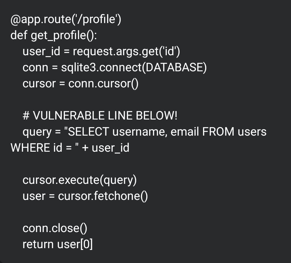 KadeH84204's tweet image. 🚨 SPOT THE VULN: 3 Words.
​If a user enters &apos; OR 1=1 -- as the ID... What. Happens. Next?
​Find the major flaw in this Flask API.
​#SQLi #Flask #infosec #bugbounty #Cybersecurity #hacking