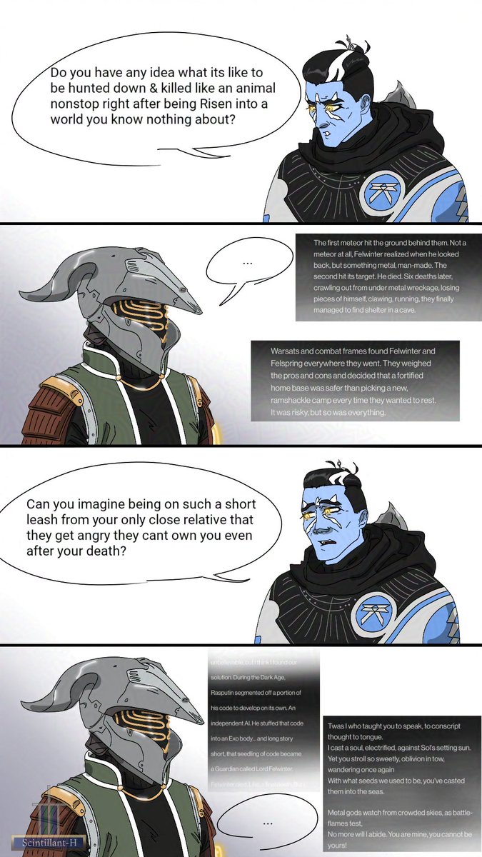aGhostsDestiny's tweet photo. This is my "hear me out" moment, in parody packaging LOL
I ship characters based on psychological compatibility, but while they do have that their stories also compliment eachother was SO much.
Bungie really wanted me in a vice grip XD
#Destiny2Art #Crow #Felwinter #ScintHArt https://t.co/x4Z0wOjOxN
