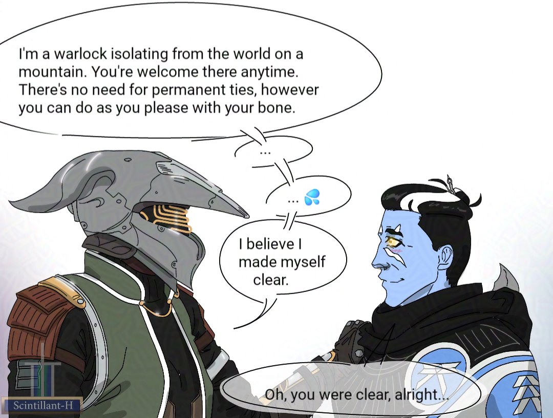 aGhostsDestiny's tweet photo. This is my "hear me out" moment, in parody packaging LOL
I ship characters based on psychological compatibility, but while they do have that their stories also compliment eachother was SO much.
Bungie really wanted me in a vice grip XD
#Destiny2Art #Crow #Felwinter #ScintHArt https://t.co/x4Z0wOjOxN