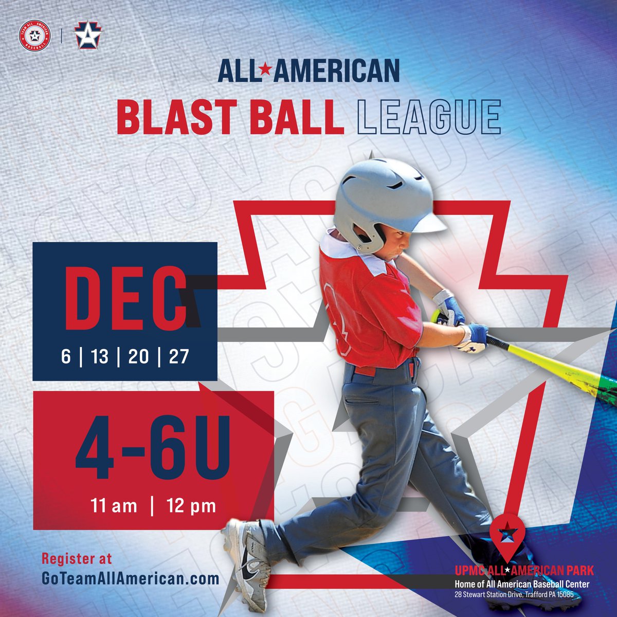 December Blast Ball is HERE! ⚾✨
Perfect for ages 4–6U, our All American Blast Ball League gives young sluggers a fun, high-energy introduction to baseball. Each session builds motor skills, coordination, confidence — and a love for the game.
Join us across four December