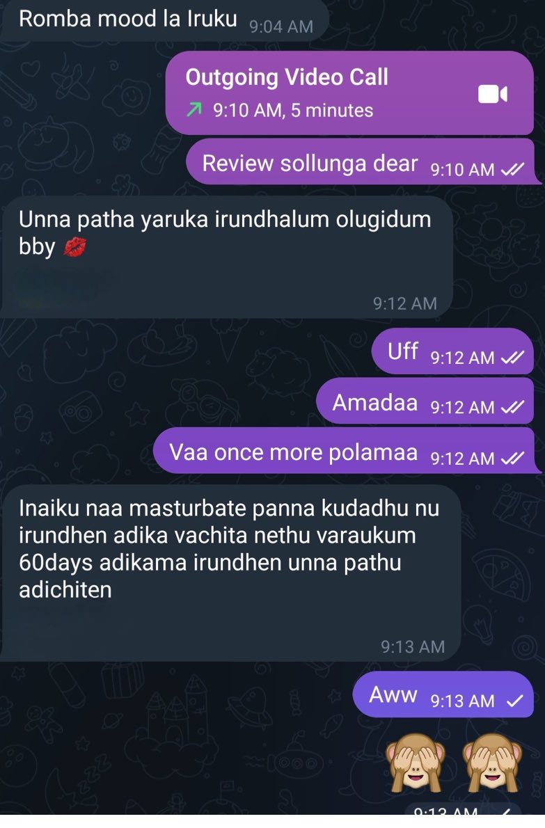 Good morning pasagalaaa .. i am back in X 
elarum epdi irukukegaa 
 
Today full la vc session dan edukuran . Sekaram vaga dm pani telegram id vagikogaa , kanji en munji la adigaa da 

Veri aaguthu 😈