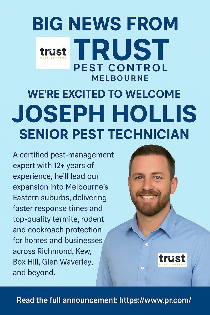 trustpest12's tweet image. 🚨 Trust Pest Control Melbourne welcomes Joseph Hollis as our new Senior Pest Technician!
With 12+ years of certified experience, he’ll lead our expansion across Melbourne’s Eastern Suburbs with expert termite &amp;amp; rodent solutions.
Full PR: pr.com/press-release/…

#PestControl