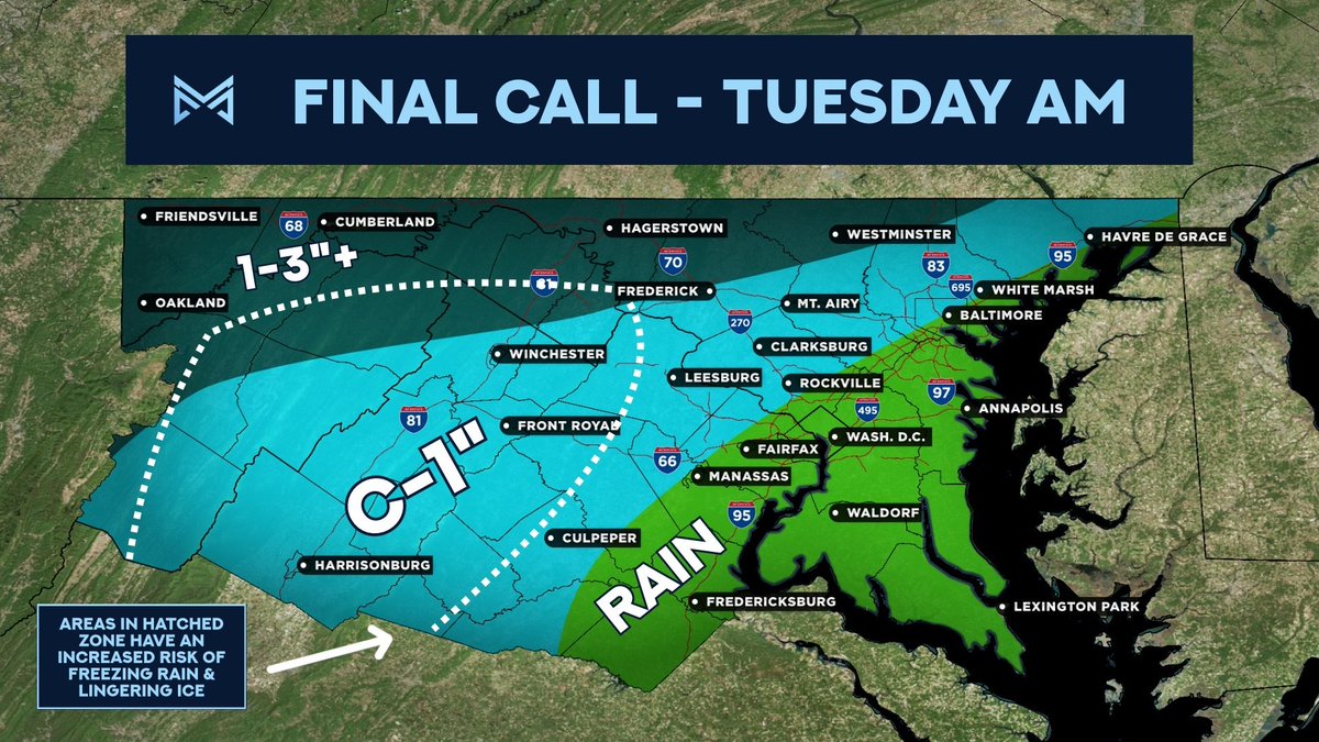 mococlosures's tweet image. Here is our final call:

Precipitation is expected to overspread the area in the early morning (3-6 am) from west to east.

Heaviest precipitation rates are expected to be in the morning, around 6-10 am.

Most snow north of I-70 and in ridgetops/mountains, elevations 800’+ the…