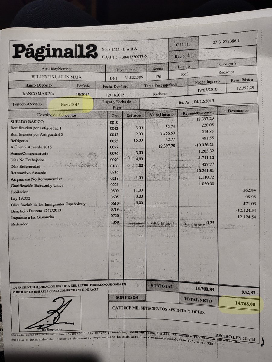 Mi sueldo de redactora de <a href="/pagina12/">Página|12</a> noviembr 2015 NETO: 
$14768/USD (9,78) 1510.
Mi sueldo de redactora de <a href="/pagina12/">Página|12</a> octubre 2025 NETO: 
$544645/USD (1450) 365.
En una década me (nos) robaron USD1145 POR MES, tiempo, paz, salud, alegría. 
No sé como seguimos vivos.
