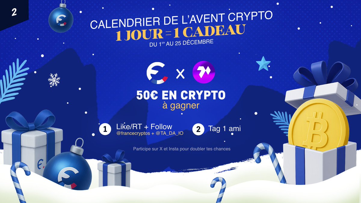 FranceCryptos's tweet image. 🎄 CONCOURS DE NOËL 🎁
Gagne 50€ en cryptos ! 🔥
(1 gagnant → 50€)

Pour participer :
👉 Suivre @francecryptos &amp;amp; @Ta_da_io 
👉 Liker ce post
👉 Tag 1 ami en commentaire
✨ Bonus : double chance si tu participes aussi sur Insta !

📅 Tirage au sort le 28/12
Bonne chance à tous…