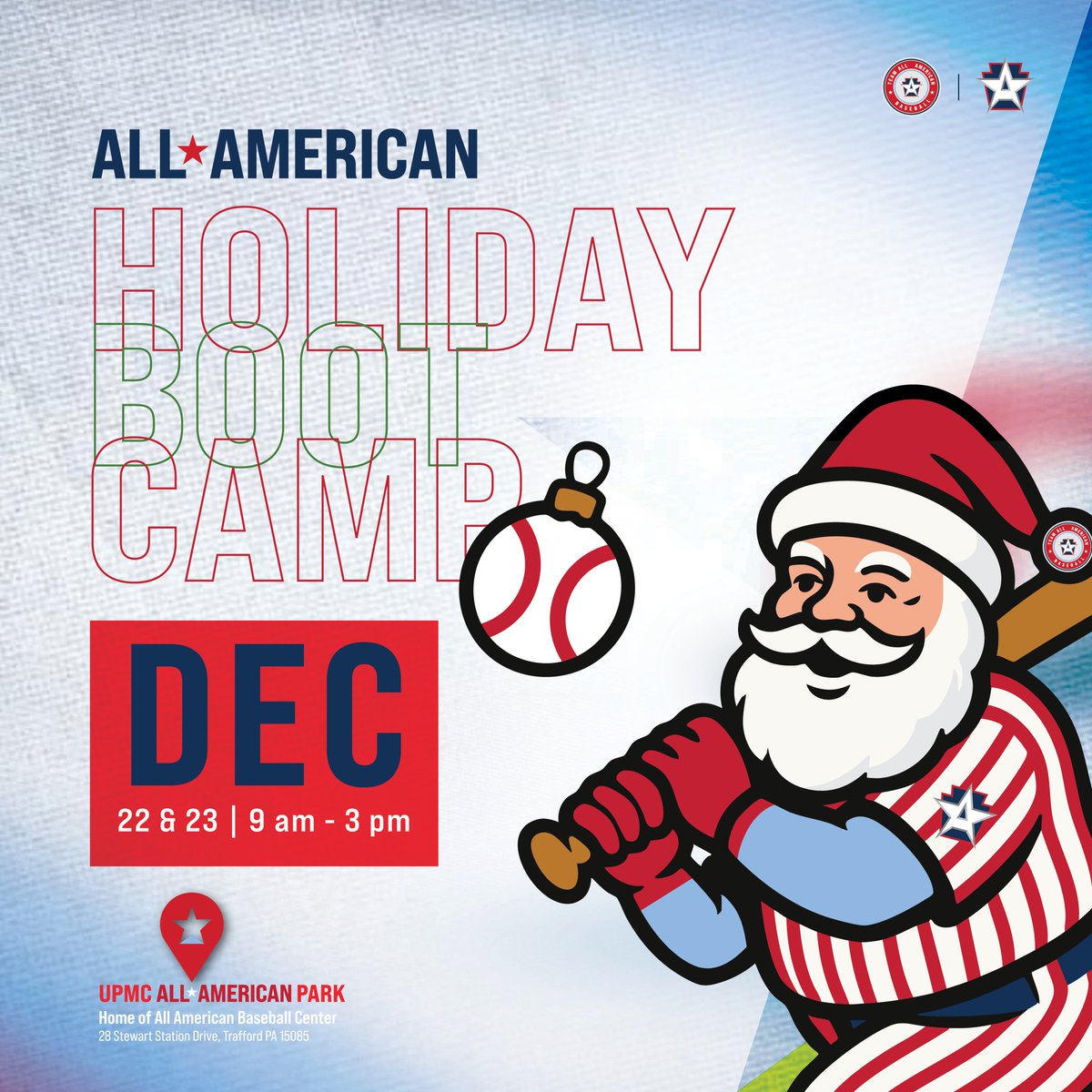 Swing into the holidays! 🎄⚾

Join our All American Holiday Boot Camp for two full days of baseball, reps, and fun.

📅 Dec 22–23
🕘 9 AM–3 PM
📍 UPMC All American Park

Spots are limited — sign up today at 
GoTeamAllAmerican.com/camps-clinics/

#HolidayBootCamp #AllAmericanBaseball