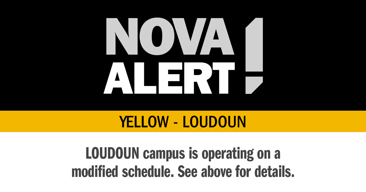 NOVAcommcollege's tweet photo. #NOVAAlert: CODE YELLOW. The Loudoun Campus will open late at 11 a.m. on Tuesday, December 2, 2025. https://t.co/GlPW3fCJW5