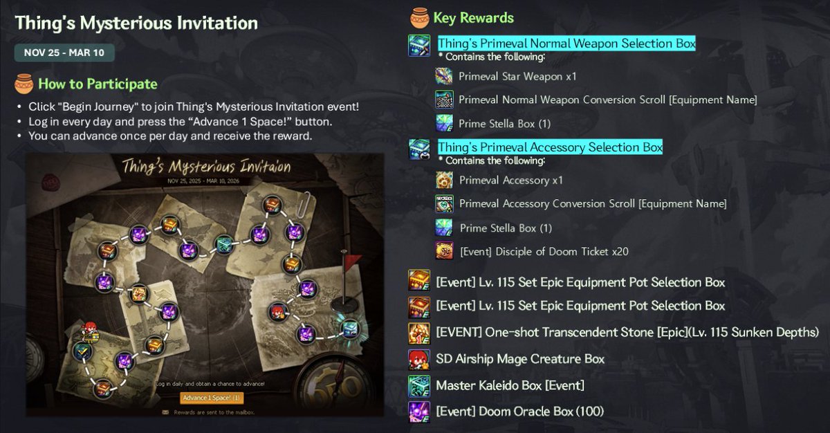 An invitation to a mysterious location has arrived.
Log in daily and obtain a chance to advance!
#DFO #Event #Primeval #Equipment