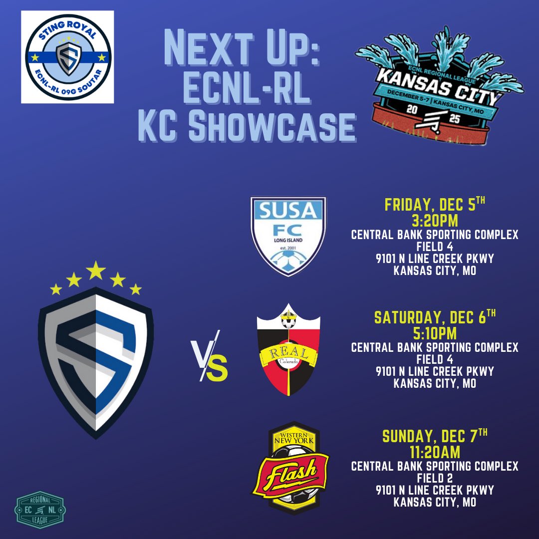 Royal09g's tweet photo. Headed to Kansas City this weekend for the ECNL-RL showcase. Lots of talented 2027s and 2028s on this squad - would love to have you come out and watch us play! 

@StingSoccerClub @NickSoutar @ImYouthSoccer @ImCollegeSoccer @PrepSoccer @TheSoccerWire @TopDrawerSoccer @ECNLgirls https://t.co/bYXuZHtQao