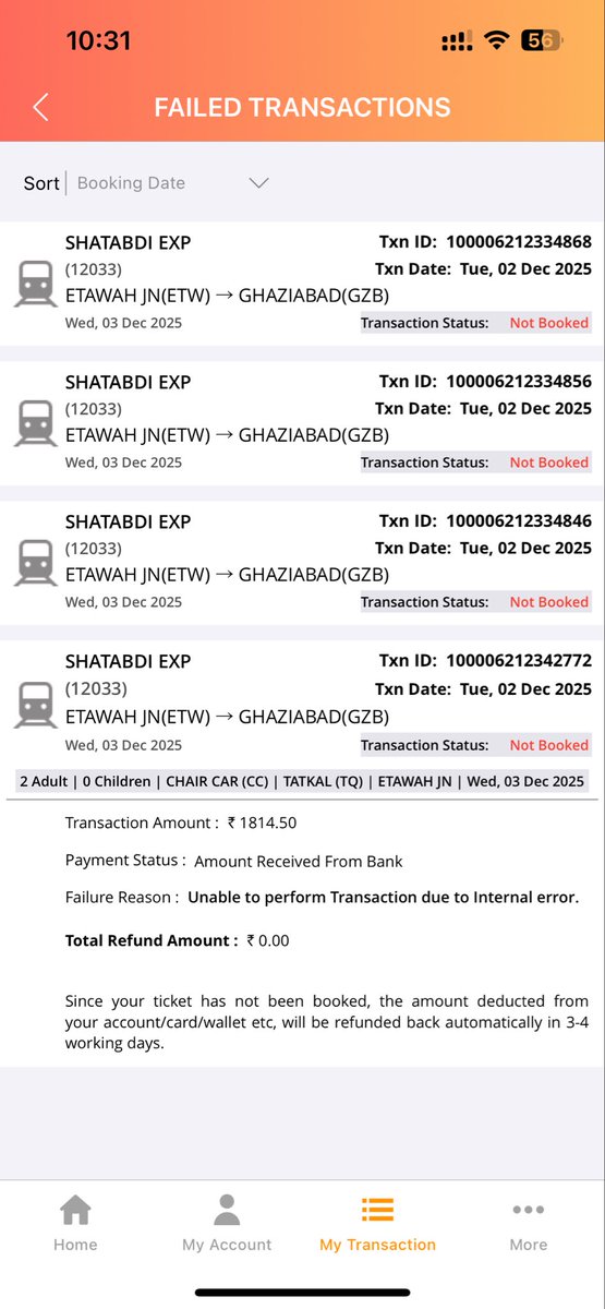Worst app of Indian Railways is IRCTC. Whenever I book my ticket through it, my amount gets deducted from the account and the ticket is never booked and this is not the first time I’m dealing with the issue, payment status- amount received from bank but not booked <a href="/IRCTCofficial/">IRCTC</a>