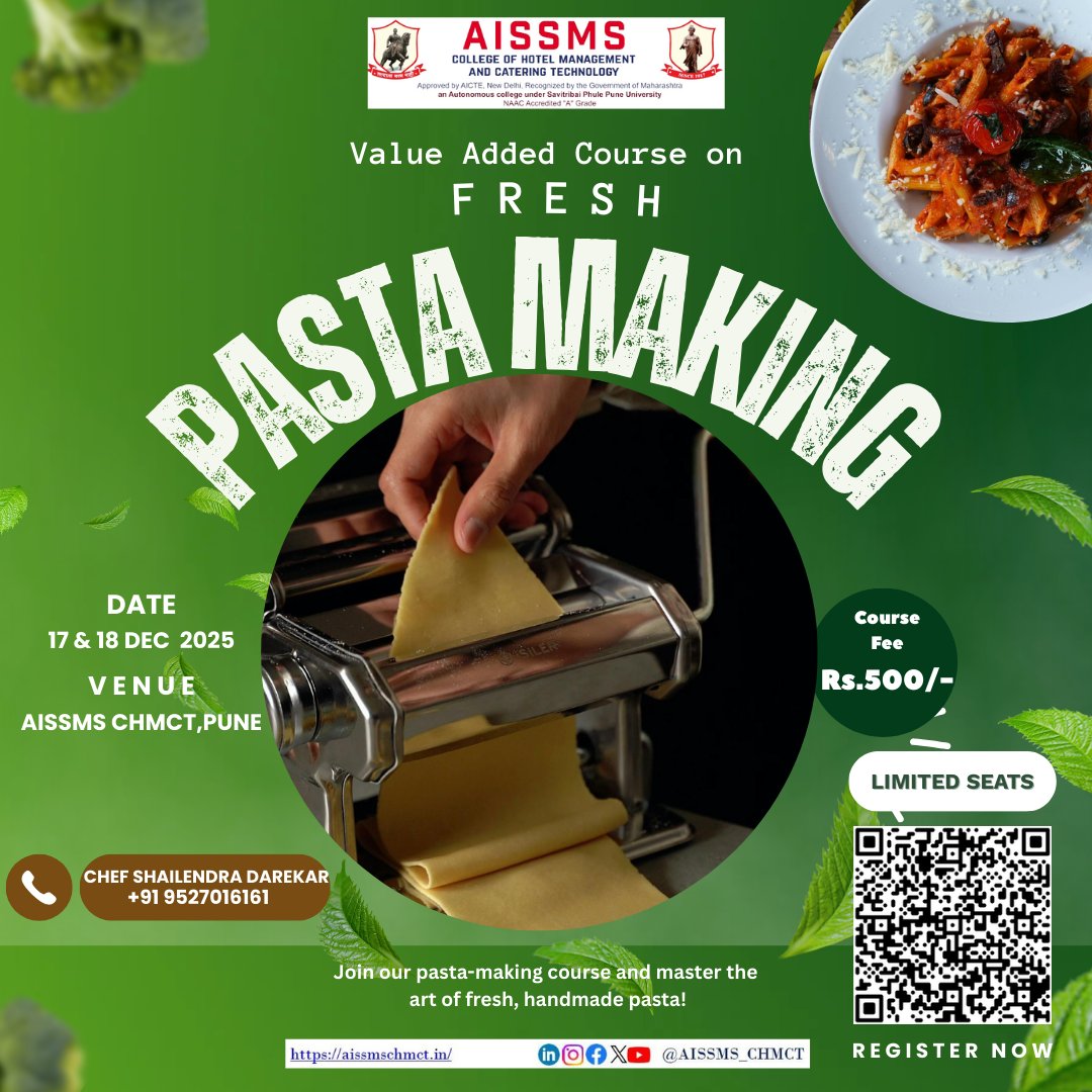 AISSMS_CHMCT's tweet image. From dough to delicious — learn it all! 
Join us for a hands-on Fresh Pasta Making Course at AISSMS CHMCT and discover the fine art of rolling fresh pasta like a pro.
Registration Link:-forms.gle/5vZHpUHLwoWLVt…

#AISSMS #CHMCT #PastaMaking #FreshPasta #CulinaryCourse