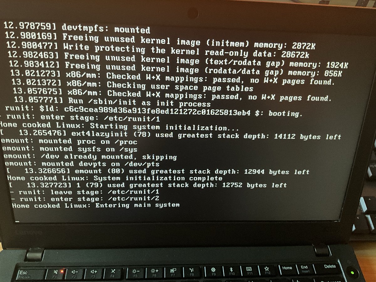 popovicu94's tweet image. It’s one thing to boot a custom Linux distro in QEMU. It’s a completely different beast to get it running on real hardware.

Update on &quot;Home Cooked Linux&quot;: It is now alive on my Lenovo ThinkPad.

This isn&apos;t a stripped-down Debian. This is:
- My compiled Kernel
- My cross-compiled…