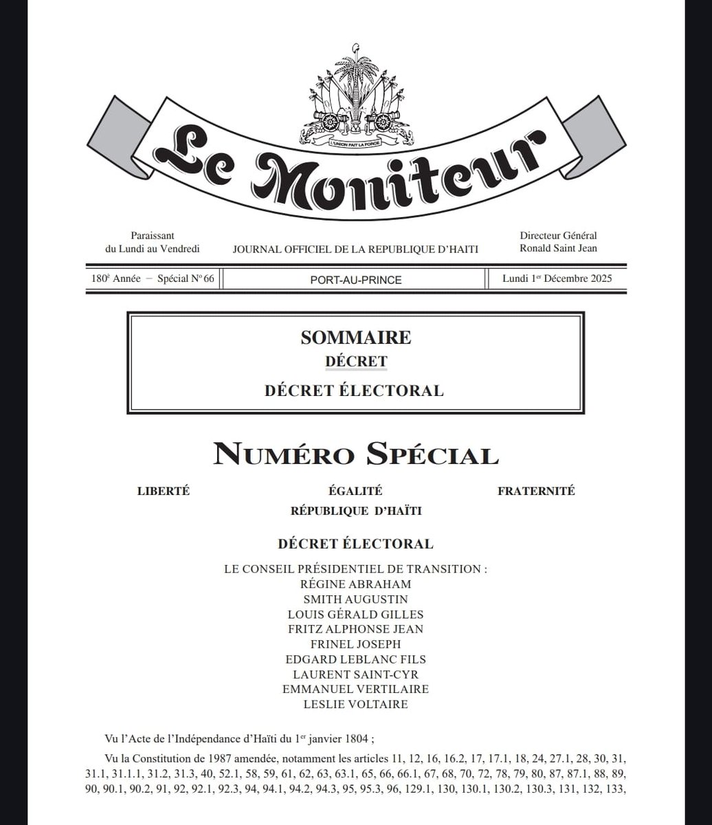 GazetteHaiti's tweet photo. Le décret électoral adopté en conseil des ministres ce lundi vient d'être  publié ce soir dans le journal officiel du pays Le Moniteur.  Avec l'adoption du décret électoral et  le calendrier électoral,  le CPT et le gouvernement, à l'approche du 7 février, mettent le cap sur l'organisation des élections mettant ainsi fin à la transition.
