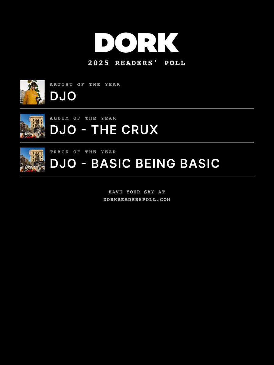 Djo está concorrendo a três categorias no Readers’ Poll realizado pela revista <a href="/readdork/">Dork</a>:

• Artista do Ano
• Álbum do Ano: The Crux
• Faixa do Ano: Basic Being Basic

Cadastre-se no site e vote: dorkreaderspoll.com/?fbclid=PAZnRz…

Você pode votar uma vez ao dia!