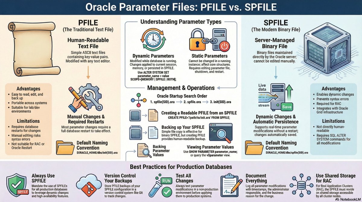 HeetDayaniBJP's tweet image. Understanding Oracle’s parameter files — PFILE for manual edits, SPFILE for dynamic control
#oracleadmin