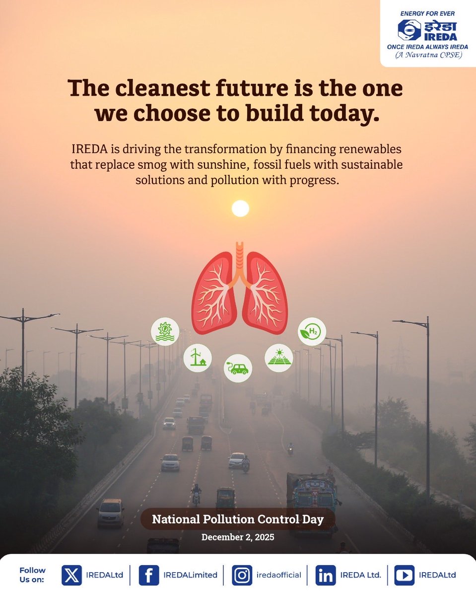On National Pollution Control Day, we reaffirm our commitment to fighting pollution and safeguarding the environment.

By financing sustainable solutions and clean energy initiatives, IREDA is enabling projects that reduce harmful emissions, promote the adoption of renewable