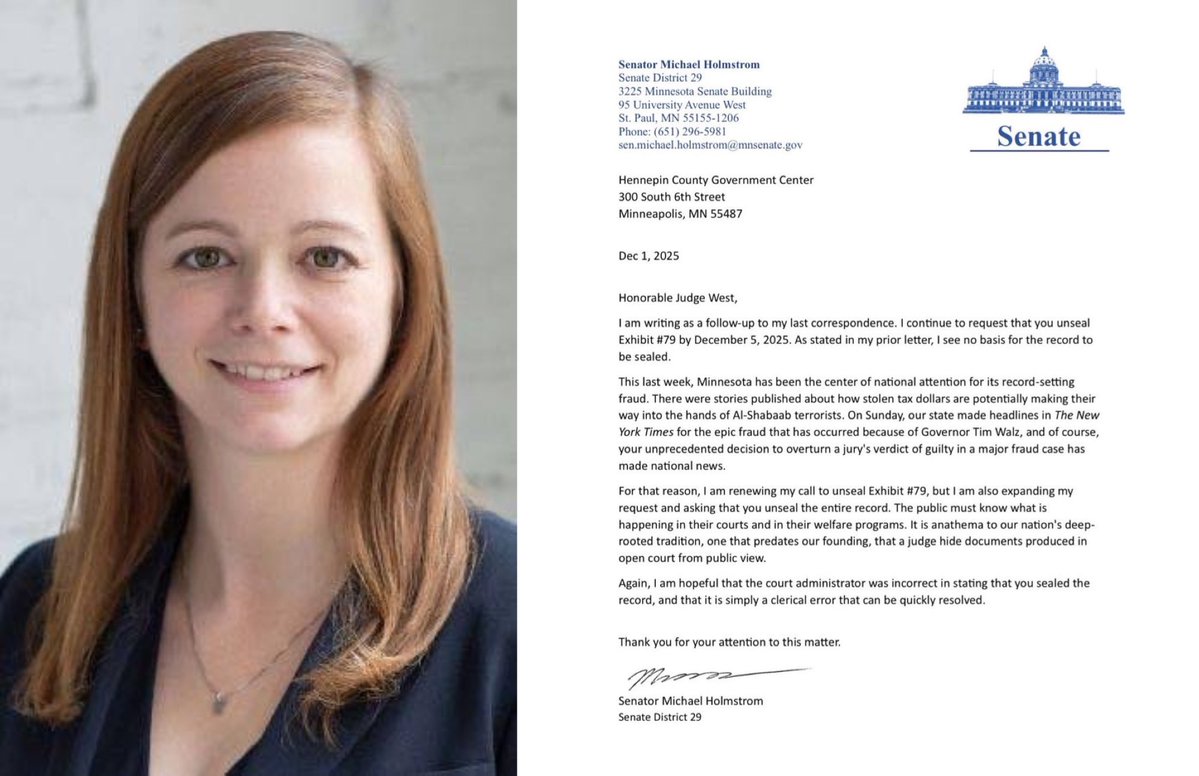 GrageDustin's tweet image. 🚨 NEW: Minnesota Sen. Michael Holmstrom (R) has formally notified Judge Sarah West, who OVERTURNED a unanimous jury conviction of Abdifatah Abdulkadir Yusuf — a man found guilty of stealing $7.2M from taxpayers

“The fraud is too big for one judge to hide. I am continuing to…