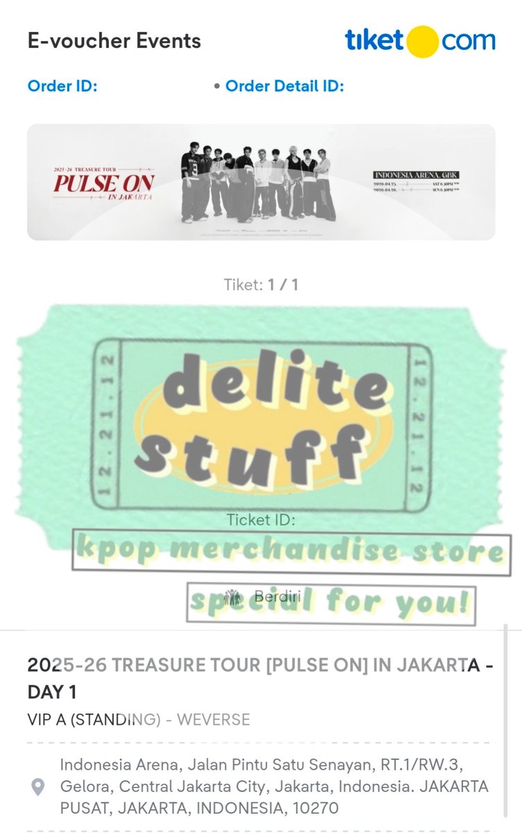 WTS // WANT TO SELL

🎫 TREASURE TOUR [PULSE ON] in JAKARTA DAY 1

VIP A (1 tix), Presale wv

✅️ Bisa DP
✅️ Diurus sampai tiket fisik
✅️ Ada grup whatsapp

DM jika berminat