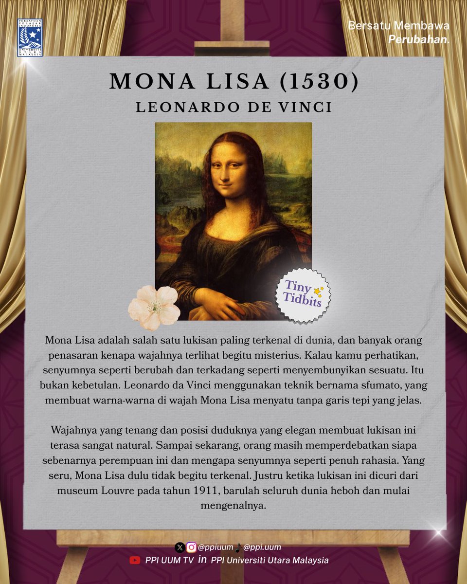 ppiuum's tweet image. Dalam Tiny Tid Bits, kita mengupas kembali seni-seni lukis populer yang penuh sejarah dan misteri.
Dari simbol-simbol tersembunyi hingga kisah di balik proses kreatifnya, seni mengajarkan kita bahwa masa lalu dapat hidup selamanya melalui kanvas.
Mari berteman bersama PPI UUM!