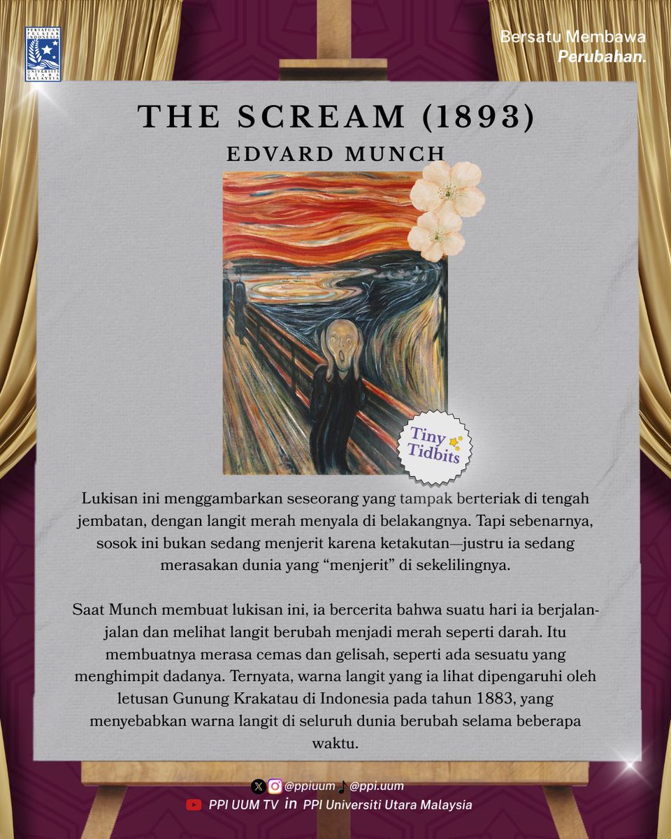 ppiuum's tweet image. Dalam Tiny Tid Bits, kita mengupas kembali seni-seni lukis populer yang penuh sejarah dan misteri.
Dari simbol-simbol tersembunyi hingga kisah di balik proses kreatifnya, seni mengajarkan kita bahwa masa lalu dapat hidup selamanya melalui kanvas.
Mari berteman bersama PPI UUM!
