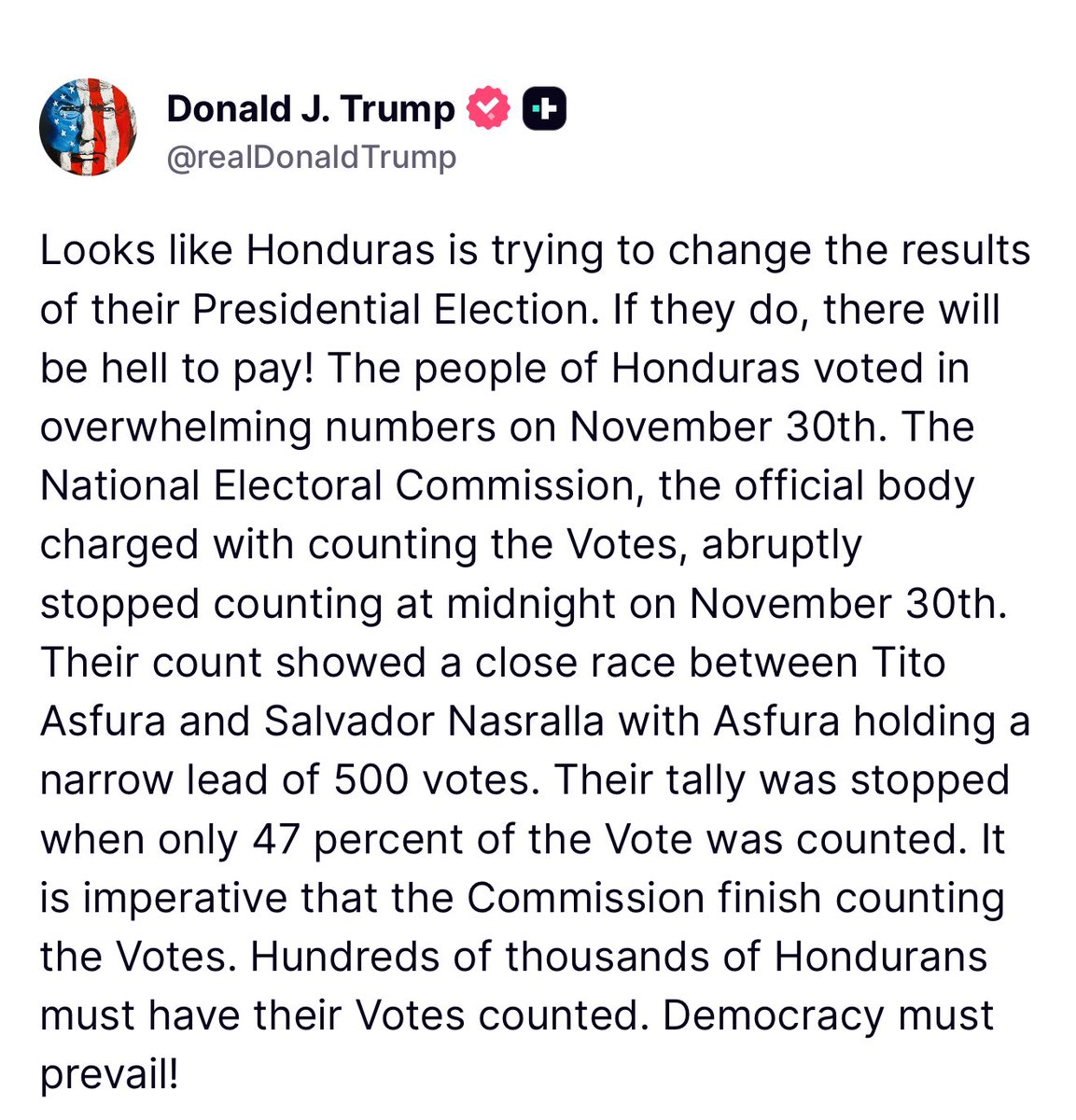 EricLDaugh's tweet image. 🚨 BREAKING: President Trump just THREATENED Honduras for carrying out a RIGGED ELECTION, following his endorsement of Tito Asfura

“Looks like Honduras is trying to change the results of their Presidential Election. If they do, there will be HELL TO PAY!” 🔥

“The people of…