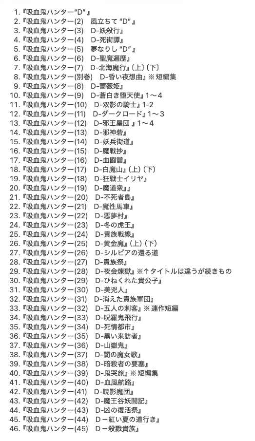 saiko_takaki's tweet image. 吸血鬼ハンターDのシリーズ。「昏い夜想曲」だけ「別巻」でシリーズNO割り振られてないのなんでなんじゃろね？
他にも短編集はあるのにね。