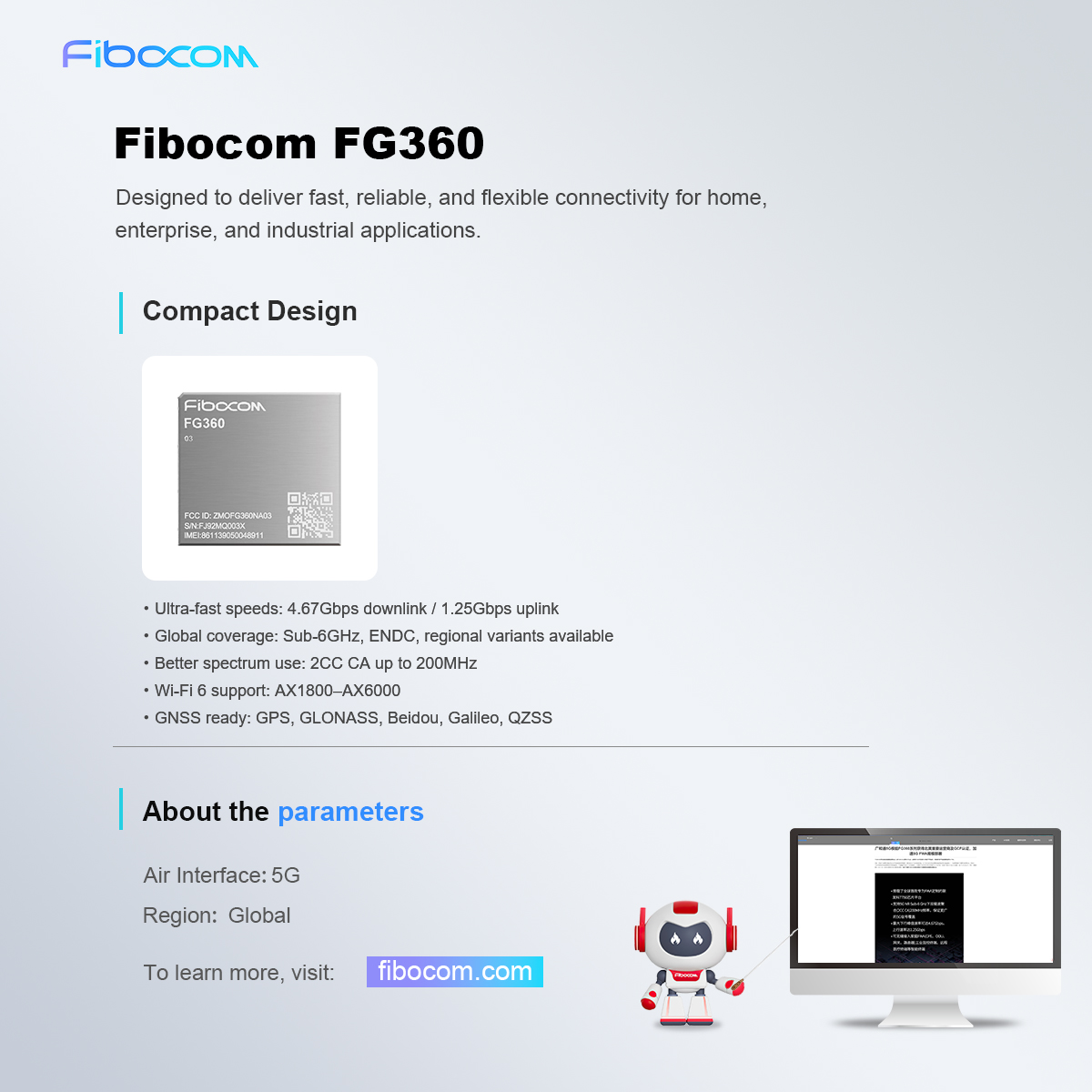 Fibocom_IoT's tweet image. 🚀@Fibocom_IoT&apos;s FG360 module delivers fast, reliable connectivity for home, enterprise, and industrial use.
⚡ Speeds up to 4.67Gbps🌐 Global Sub-6GHz &amp;amp; GNSS📶 Wi-Fi 6 support.
Bringing high-performance wireless broadband to your applications.
#Fibocom #5G #FWA #IoT #FG360