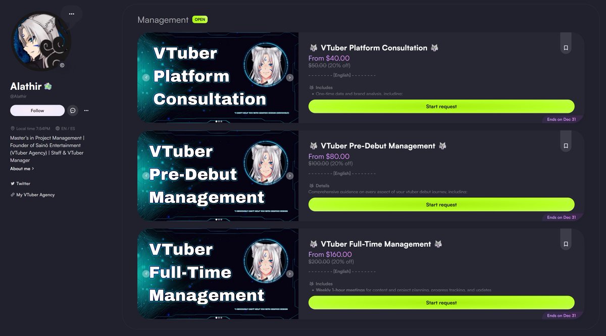 (Léase con voz de infomercial):
¿No sabes cómo debutar?
¿No entiendes nada de tus métricas?
¿Tus horarios de posteo son un desastre?

(Léase con voz de "¡Jet2Holiday!"):
¡Servicios de management para VTubers!
¡Si he aguantado a las Guardianas de <a href="/SainooCorp/">Sainō Entertainment</a>, te aguantaré a ti! 🫵🏻