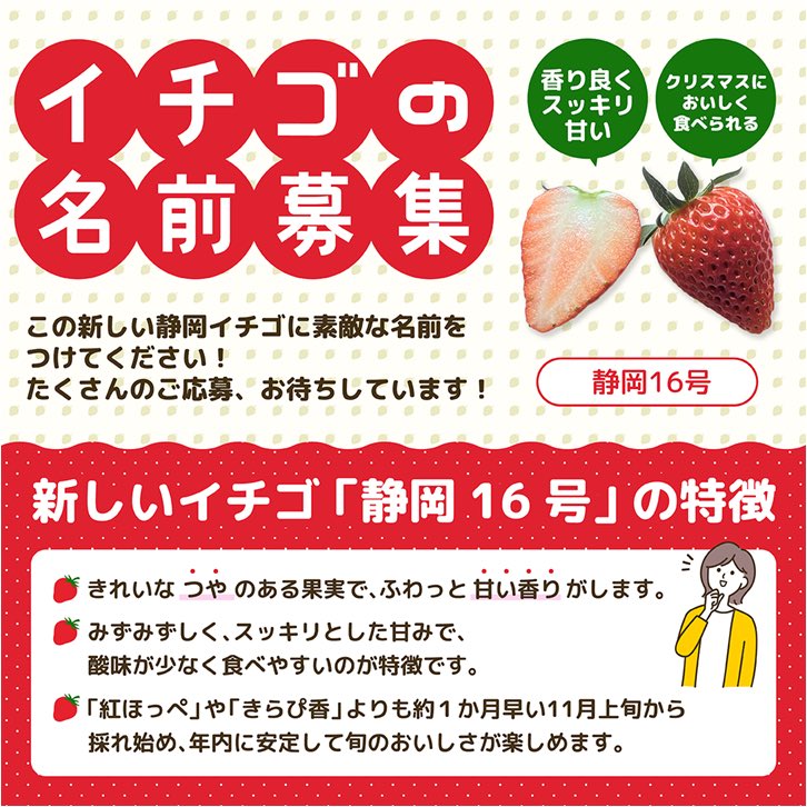 ／
静岡県が育成した新しいイチゴ品種の名称を募集しています！
＼
採用者には静岡イチゴをプレゼント🍓！
皆様の応募を心よりお待ちしております。
応募はこちら▽
apply.e-tumo.jp/pref-shizuoka-…