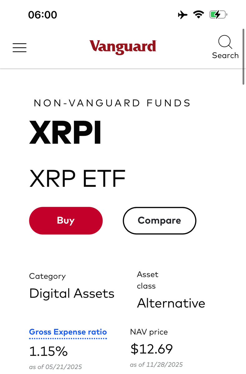 XrpArthur's tweet image. 🚨 Just found this on Vanguard’s official website 👀

Multiple XRP ETFs (Franklin, Canary, REX-Osprey, ProShares…) are now showing under « Non-Vanguard Funds » in the Digital Assets category.

Looks like access is finally opening up for crypto ETFs