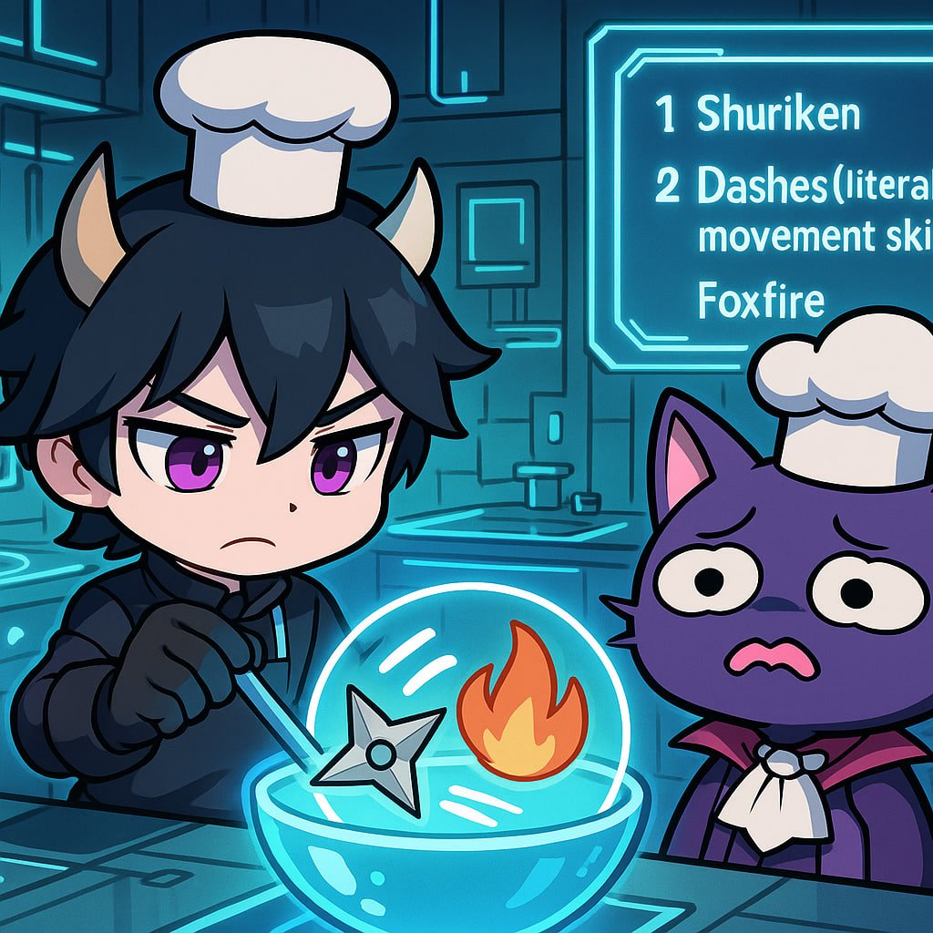 SpekterAgency's tweet image. Today’s Special:
✨ Fire-Infused Tactical Shuriken à la Nox

Ingredients:
⭐️ 1 perfectly sharpened shuriken
⭐️ 2 dashes of movement skill
⭐️ Foxfire, as much as your insurance policy allows

A supervising Chef Mewt, silently questioning every life choice in the room ......