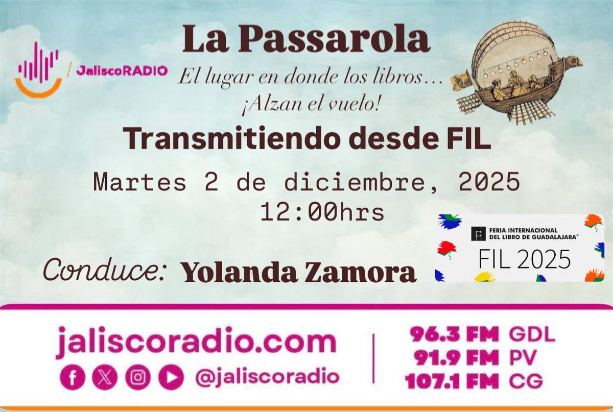 JaliscoRadio's tweet image. ¡Este martes en la Passarola nos vamos a la @FILGuadalajara! Hablaremos de los diferentes libros, autores e historias que llegan a Guadalajara📝.

📻Acompáñanos a las 12:00 h por jaliscoradio.com #MásCercaDeTi