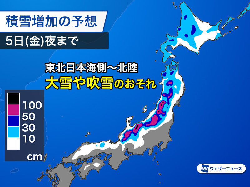 wni_jp's tweet image. 【日本海側は明日から大雪警戒】
明日12月3日(水)から日本列島の上空に強い寒気が南下します。北陸から東北を中心に日本海側の各地で大雪や吹雪となるおそれがあり警戒が必要です。公共交通機関への影響も懸念されます。
weathernews.jp/news/202512/02…