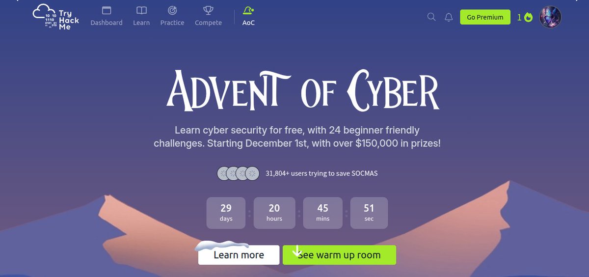 Bl0ss0mX5's tweet image. New month, new challenge!!

Kicking off #tryhackme ADVENT OF CYBER 2025🎄

#adventofcyber2025 #cybersecurity