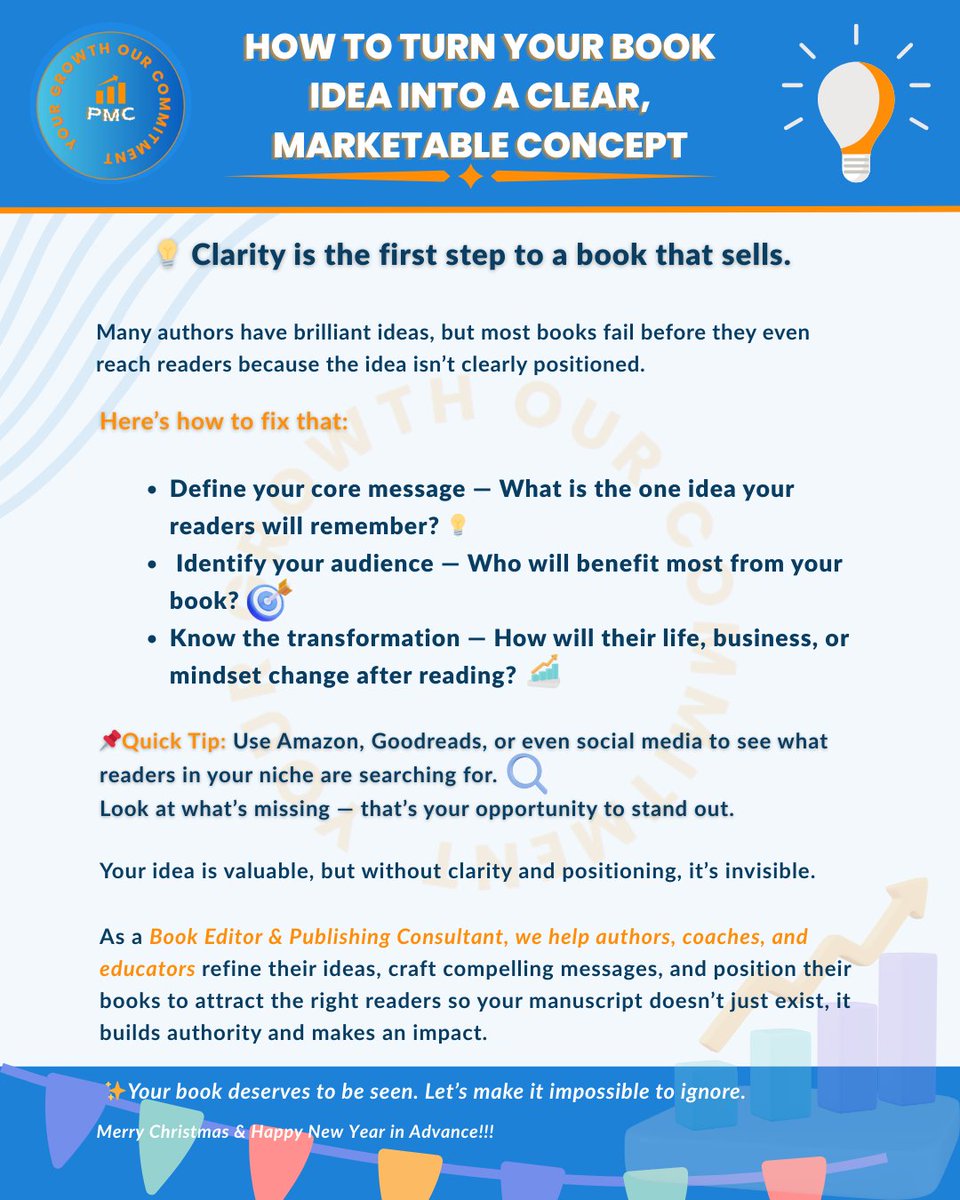 JPageRise's tweet image. Your book idea is gold, but only if it’s positioned correctly.
✅ Core message
✅ Target audience
✅ Transformation
As a publisher, I help authors turn ideas into impactful books. 

#AmWriting #BookWritingTips #Authors #SelfPublishing #FinishStrong #BookEditor #PageRise