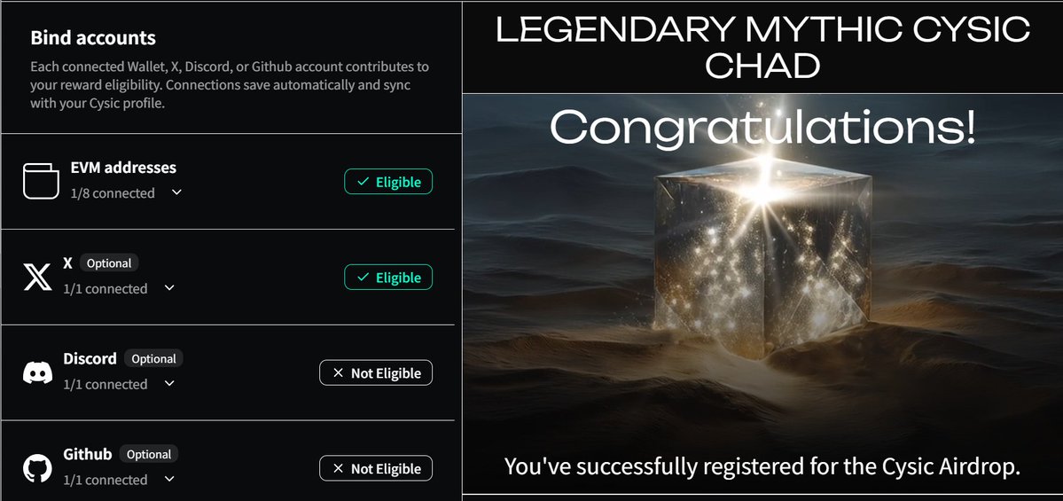 tobitcat's tweet image. 사이식 에어드랍 체커 ~
@cysic_xyz  @Cysic_KR 
지금 확인해봤어요

지갑하고
X (트윗)  2 개가 Eligible 떴어요!

오 ! LEGENDARY MYTHIC CYSIC CHAD 떴어요
우선 쏘리 아니어서 좋은데요.. 
얼마나 받을수 있는지 궁금하네요
디코롤도 몇개 있는데 디코는 해당이 안되서 .. 좀 아쉽네요
