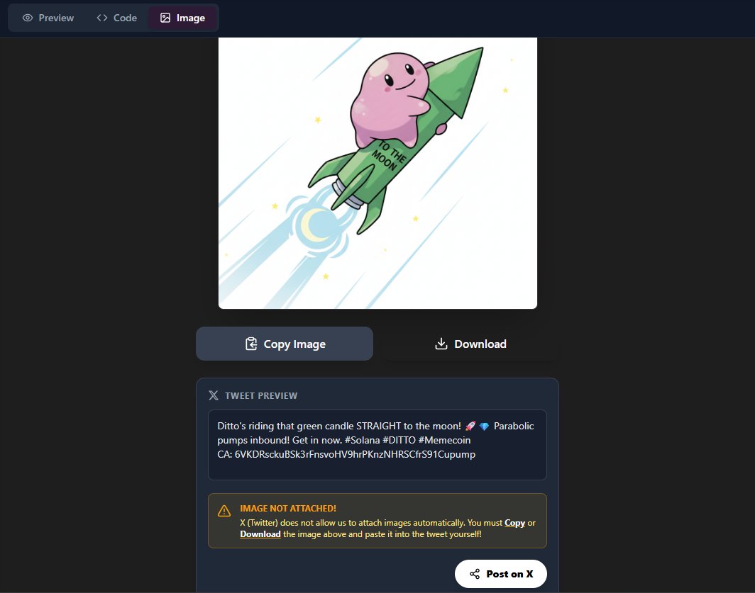 Another update on the website.

Now when you generate a photo with Ditto, you automatically get a tweet about it and you can shill it on X. 

Are you bullish on it? <a href="/yoheinakajima/">Yohei</a> 

dittoagent.site