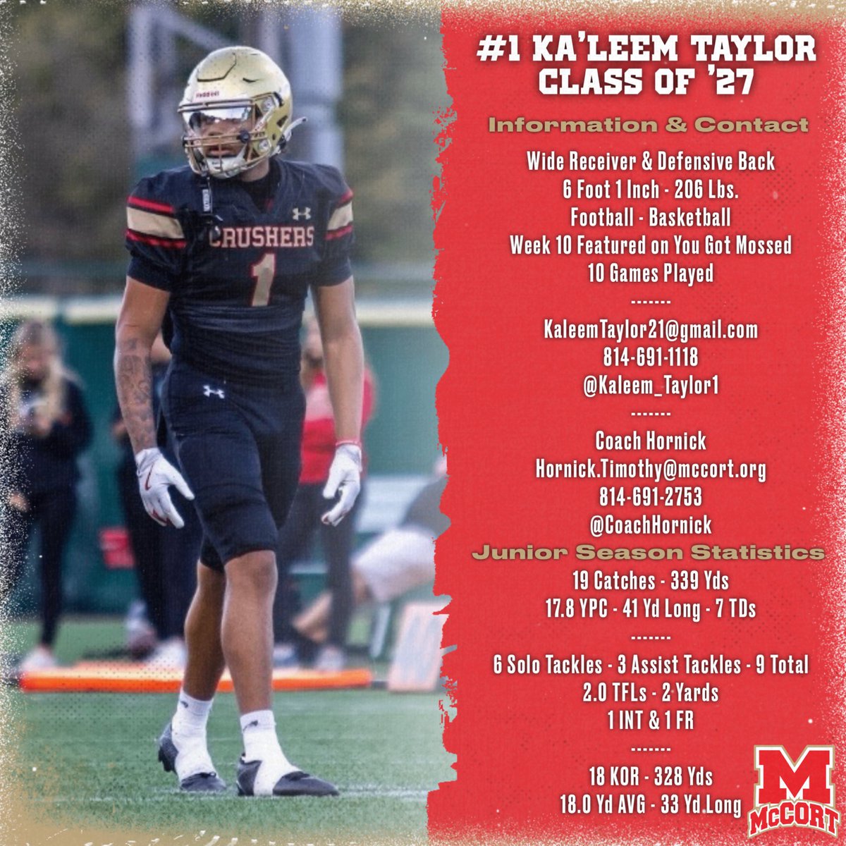 Next up for <a href="/CrusherFootball/">Bishop McCort Catholic Football</a> : <a href="/Kaleem_Taylor1/">Ka’leem Taylor</a>