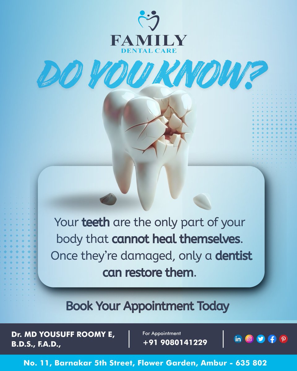 FDC_India's tweet photo. Damaged tooth? It won’t repair itself.
Only timely dental care can restore and protect your smile.
Book your visit today for expert treatment
📞 +91 9080141229
📍 No. 11, Barnakar 5th Street, Flower Garden, Ambur – 635 802 https://t.co/LK5UTjtHcd