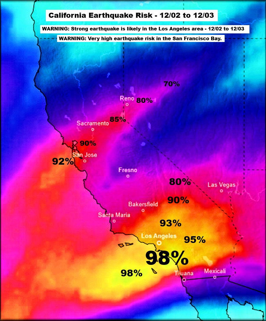 Quakeprediction's tweet image. WARNING: Strong earthquake is likely in the Los Angeles area 12/02 to 12/03. Very high earthquake risk in the San Francisco Bay.