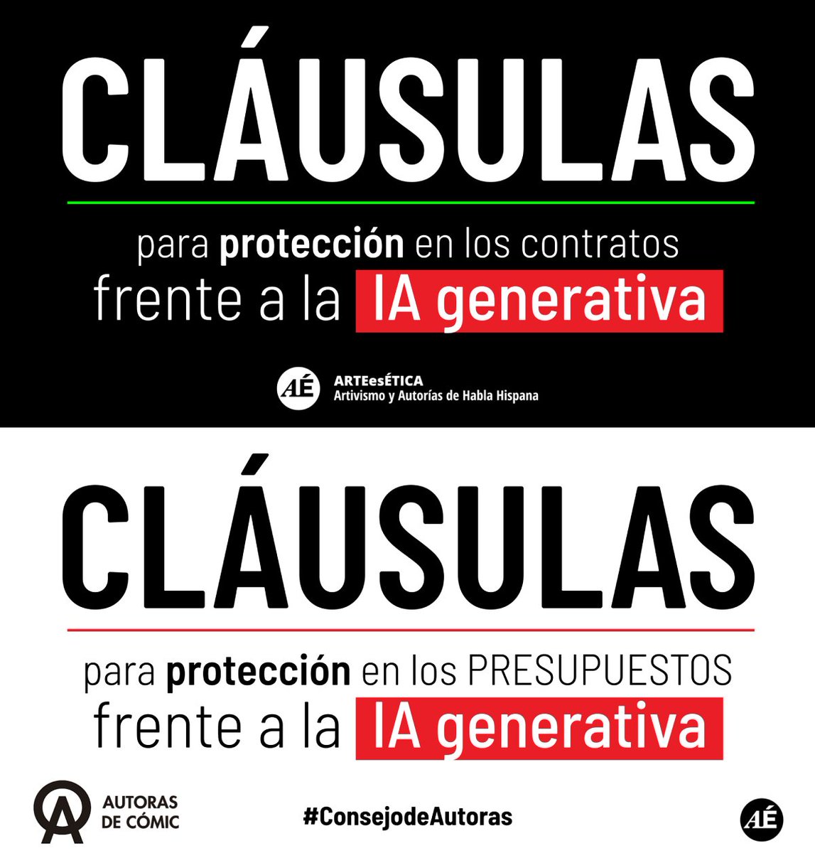 Hablando de CLÁUSULAS para protección en los contratos frente a la IA generativa, recordamos que en nuestra web tienen 2 artículos con modelos de cláusulas para incorporar, incluso en la instancia de presupuestos.

LINK 1: arteesetica.org/clausulas-para…

LINK 2: arteesetica.org/consejo-de-aut…